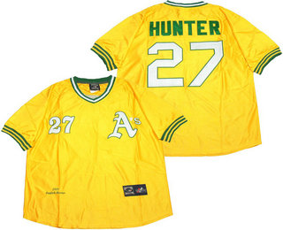 Men's Oakland Athletics #27 Catfish Hunter 1972 Yellow Throwback Jersey