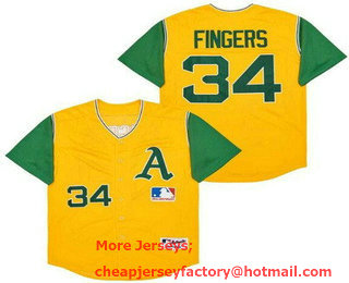 Men's Oakland Athletics #34 Rollie Fingers Yellow Green Turn Back The Clock Jersey