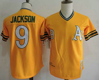 Men's Oakland Athletics #9 Reggie Jackson 1972 Cooperstown Yellow Mitchell & Ness Throwback Jersey