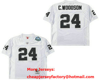Men's Oakland Raiders #24 Charles Woodson White 2002 Super Bowl XXXVII Throwback Jersey