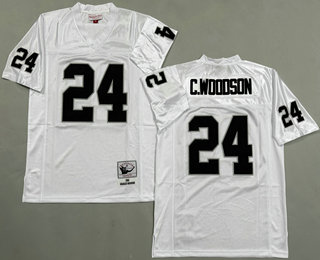 Men's Oakland Raiders #24 Charles Woodson White Throwback Jersey
