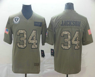 Men's Oakland Raiders #34 Bo Jackson Olive Camo 2019 Salute To Service Stitched NFL Nike Limited Jersey