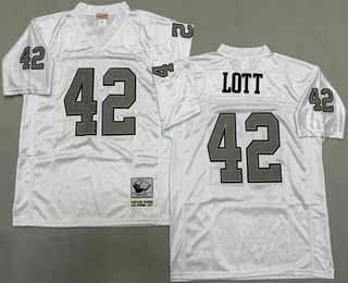 Men's Oakland Raiders #42 Ronnie Lott White Silver Throwback Jersey