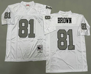 Men's Oakland Raiders #81 Tim Brown White Silver Throwback Jersey