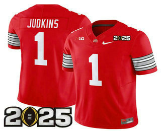 Men's Ohio State Buckeyes #1 Quinshon Judkins Red 2025 CFP Final Patch FUSE Vapor Limited Stitched Jersey