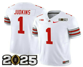 Men's Ohio State Buckeyes #1 Quinshon Judkins White 2025 CFP Final Patch FUSE Vapor Limited Stitched Jersey
