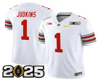 Men's Ohio State Buckeyes #1 Quinshon Judkins White Gold 2025 CFP Final Patch FUSE Vapor Limited Stitched Jersey