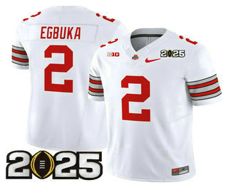Men's Ohio State Buckeyes #2 Emeka Egbuka White 2025 CFP Final Patch FUSE Vapor Limited Stitched Jersey