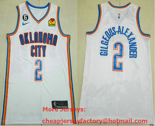 Men's Oklahoma City Thunder #2 Shai Gilgeous-Alexander 2023 White With 6 Patch Stitched Jersey With Sponsor