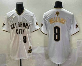 Men's Oklahoma City Thunder #8 Jalen Williams White Gold 2025 Finals Vapor Stitched Baseball Jersey