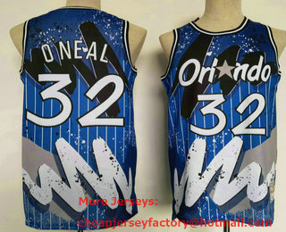 Men's Orlando Magic #32 Shaquille Oneal Blue Floral Laser Printing Throwback Jersey