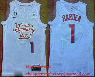 Men's Philadelphia 76ers #1 James Harden 2022 White City Edition With 6 Patch Stitched Jersey With Sponsor