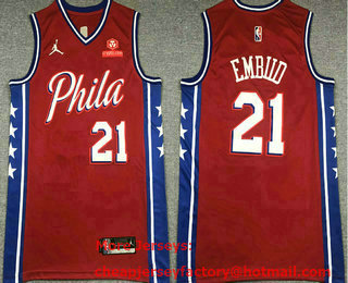 Men's Philadelphia 76ers #21 Joel Embiid Red 75th Anniversary Diamond Jordan 2021 Stitched Jersey With Sponsor