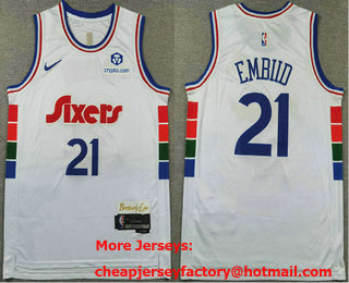 Men's Philadelphia 76ers #21 Joel Embiid White 2024 City Edition Swingman Sponsor Stitched Jersey