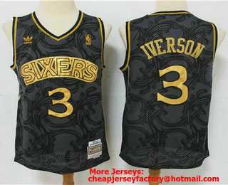 Men's Philadelphia 76ers #3 Allen Iverson Black Golden Hardwood Classics Soul Swingman Throwback Jersey