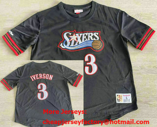 Men's Philadelphia 76ers #3 Allen Iverson Black Short Sleeved Swingman Throwback Jersey