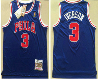 Men's Philadelphia 76ers #3 Allen Iverson Blue AU ALL Stitched Swingman Throwback Jersey
