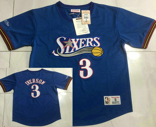 Men's Philadelphia 76ers #3 Allen Iverson Blue Short Sleeved Swingman Throwback Jersey