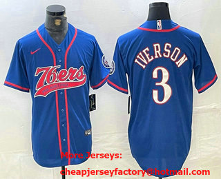 Men's Philadelphia 76ers #3 Allen Iverson Blue With Patch Cool Base Stitched Baseball Jersey
