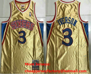 Men's Philadelphia 76ers #3 Allen Iverson Gold Hardwood Classics Soul Swingman Throwback Jersey
