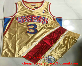 Men's Philadelphia 76ers #3 Allen Iverson Gold Hardwood Classics Soul Swingman Throwback Jersey With Shorts