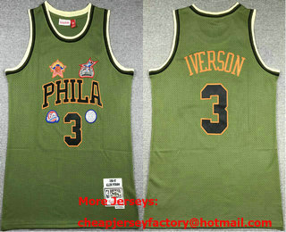 Men's Philadelphia 76ers #3 Allen Iverson Olive Military Flight Throwback Swingman Jersey