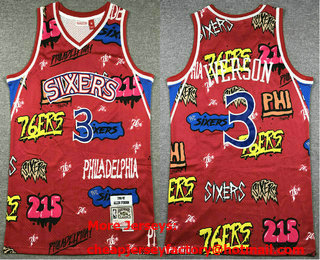 Men's Philadelphia 76ers #3 Allen Iverson Red Doodle Fashion Swingman Throwback Jersey