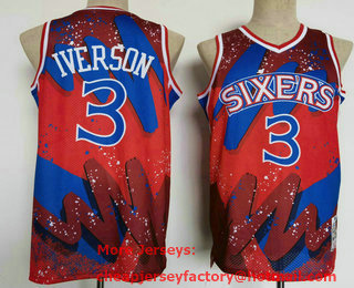 Men's Philadelphia 76ers #3 Allen Iverson Red Floral Laser Printing Throwback Jersey