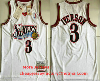 Men's Philadelphia 76ers #3 Allen Iverson White 1997-98 Hardwood Classics Soul AU Throwback Jersey