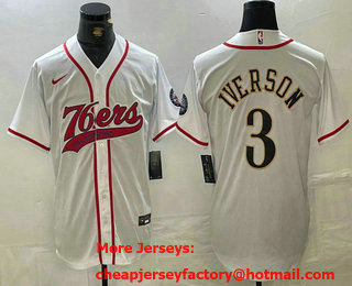 Men's Philadelphia 76ers #3 Allen Iverson White With Patch Cool Base Stitched Baseball Jersey