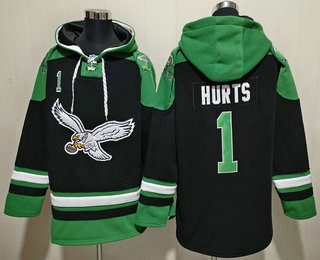 Men's Philadelphia Eagles #1 Jalen Hurts Black Ageless Must Have Lace Up Pullover Hoodie