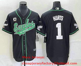 Men's Philadelphia Eagles #1 Jalen Hurts Black C Patch Cool Base Stitched Baseball Jersey 01