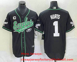 Men's Philadelphia Eagles #1 Jalen Hurts Black C Patch Cool Base Stitched Baseball Jersey 02