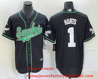 Men's Philadelphia Eagles #1 Jalen Hurts Black Cool Base Stitched Baseball Jersey 01