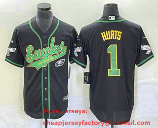 Men's Philadelphia Eagles #1 Jalen Hurts Black Gold Cool Base Stitched Baseball Jersey 01