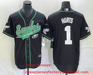 Men's Philadelphia Eagles #1 Jalen Hurts Black Cool Base Stitched Baseball Jersey 02