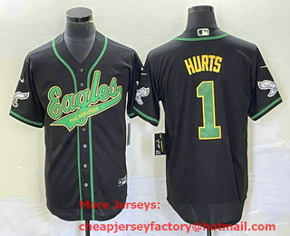 Men's Philadelphia Eagles #1 Jalen Hurts Black Gold Cool Base Stitched Baseball Jersey 02