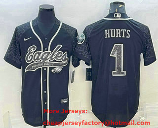 Men's Philadelphia Eagles #1 Jalen Hurts Black Reflective With Patch Cool Base Stitched Baseball Jersey