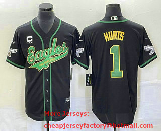 Men's Philadelphia Eagles #1 Jalen Hurts Black Gold With C Patch Cool Base Stitched Baseball Jersey 01