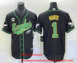 Men's Philadelphia Eagles #1 Jalen Hurts Black Gold With C Patch Cool Base Stitched Baseball Jersey 02