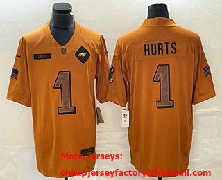 Men's Philadelphia Eagles #1 Jalen Hurts Brown 2023 Salute To Service Limited Stitched Jersey