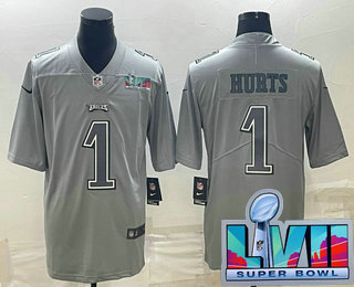 Men's Philadelphia Eagles #1 Jalen Hurts Gray Super Bowl LVII Patch Atmosphere Fashion Stitched Jersey