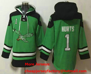 Men's Philadelphia Eagles #1 Jalen Hurts Green Ageless Must Have Lace Up Pullover Hoodie