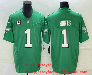 Men's Philadelphia Eagles #1 Jalen Hurts Green C Patch 2023 FUSE Vapor Limited Throwback Stitched Jersey