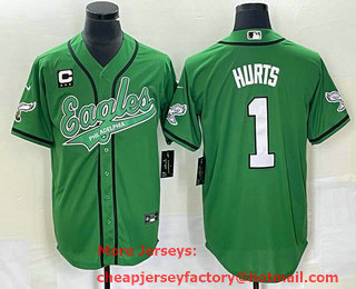 Men's Philadelphia Eagles #1 Jalen Hurts Green C Patch Cool Base Stitched Baseball Jersey 01