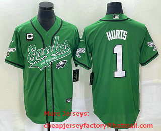 Men's Philadelphia Eagles #1 Jalen Hurts Green C Patch Cool Base Stitched Baseball Jersey 02