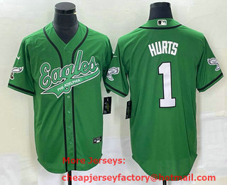Men's Philadelphia Eagles #1 Jalen Hurts Green Cool Base Stitched Baseball Jersey 01