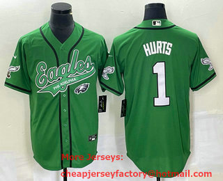 Men's Philadelphia Eagles #1 Jalen Hurts Green Cool Base Stitched Baseball Jersey 02