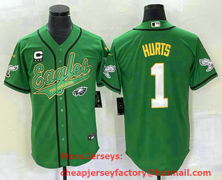 Men's Philadelphia Eagles #1 Jalen Hurts Green Gold Cool Base Stitched Baseball Jersey 02