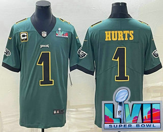 Men's Philadelphia Eagles #1 Jalen Hurts Green Golden Super Bowl LVII C Patch Vapor Untouchable Limited Stitched Jersey